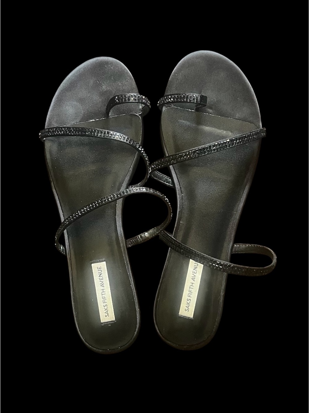 Saks Fifth Avenue Black Crystal Strap Slide Sandals